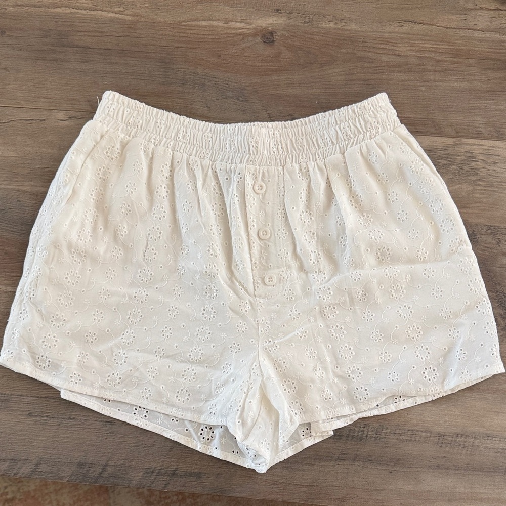 White Eyelet Elastic Waist Shorts